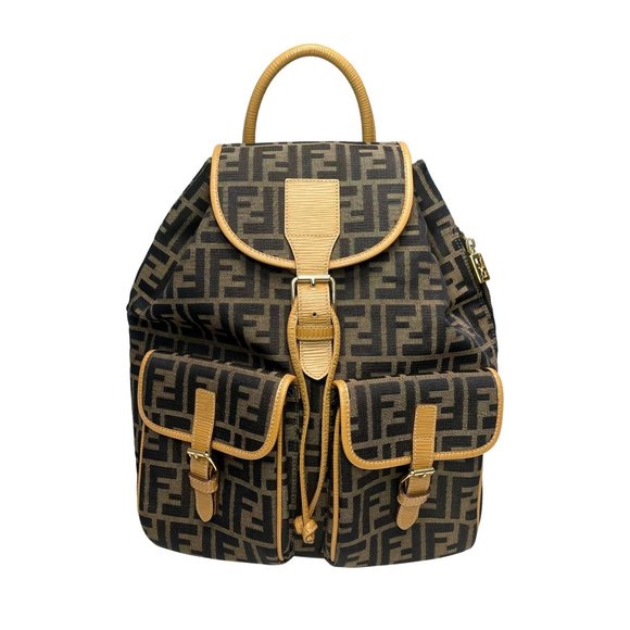 FENDI Vintage Brown & Tan Zucca Logo Monogram Leather Drawstring Backpack main image 5